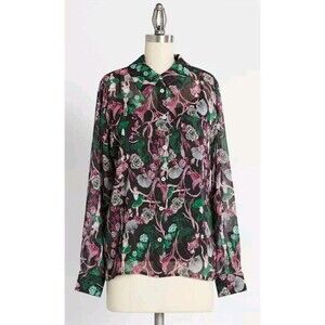 ModCloth Swan Lake Soiree Button-Up Shirt Sheer Chiffon Long Sleeve Size S